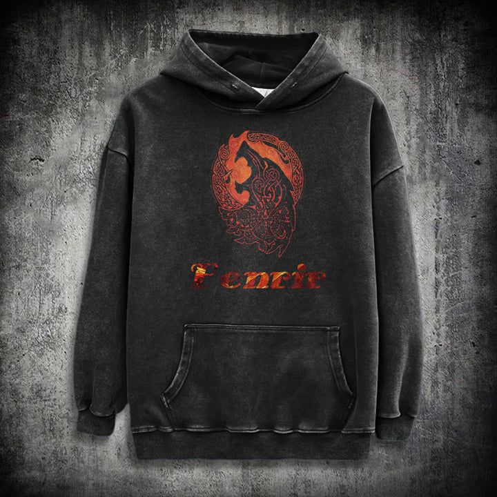 WorldNorse Fenrir Wolve Fire Washed Kapuzenpullover - Schwarz - 3XL - image 0