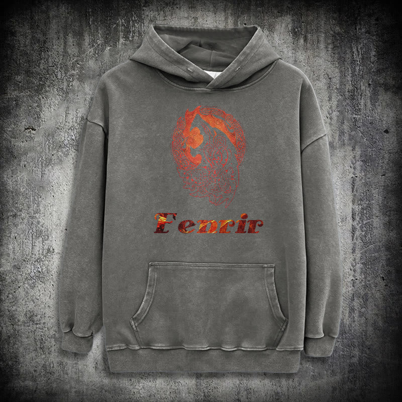 WorldNorse Fenrir Wolve Fire Washed Kapuzenpullover - Grau - 3XL - image 13