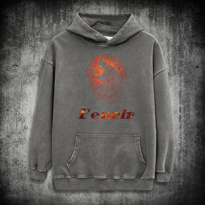 WorldNorse Fenrir Wolve Fire Washed Kapuzenpullover - Grau - 3XL - image 12