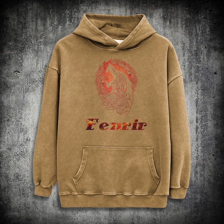 WorldNorse Fenrir Wolve Fire Washed Kapuzenpullover - Khaki - 3XL - image 26
