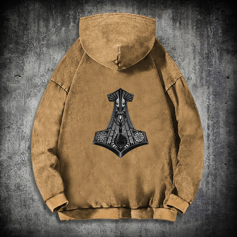 WorldNorse Odin Thors Hammer doppelseitiger gewaschener Kapuzenpullover - Khaki - 3XL - image 28