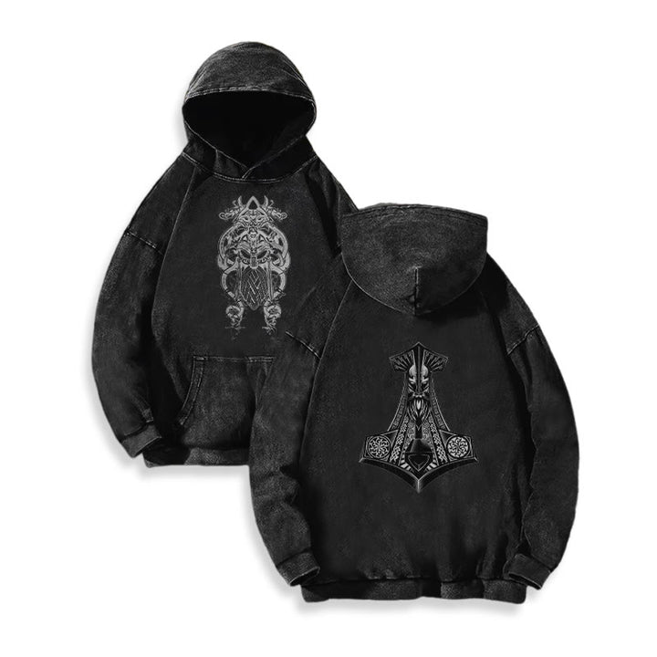 WorldNorse Odin Thors Hammer doppelseitiger gewaschener Kapuzenpullover - image 1