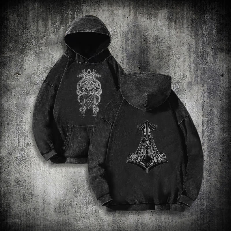 WorldNorse Odin Thors Hammer doppelseitiger gewaschener Kapuzenpullover - Schwarz - 3XL - image 0