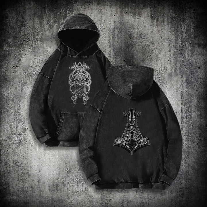 WorldNorse Odin Thors Hammer doppelseitiger gewaschener Kapuzenpullover - Schwarz - 3XL - image 0
