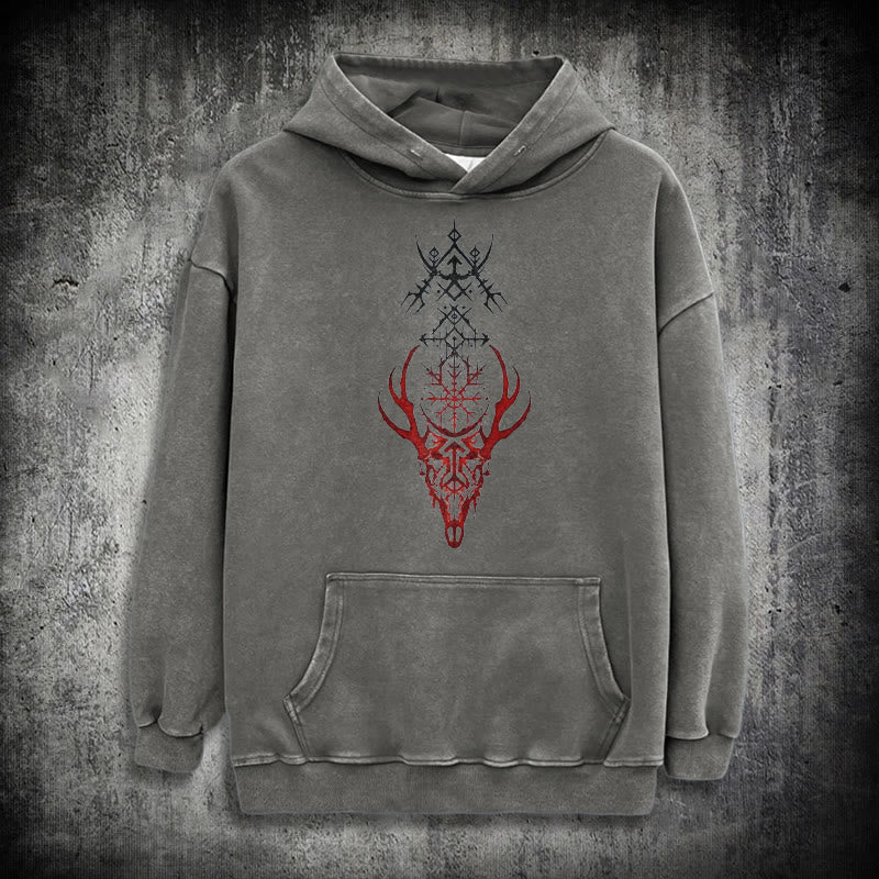 WorldNorse Viking Helm Of Awe Print Verwaschener Kapuzenpullover - Grau - 3XL - image 12