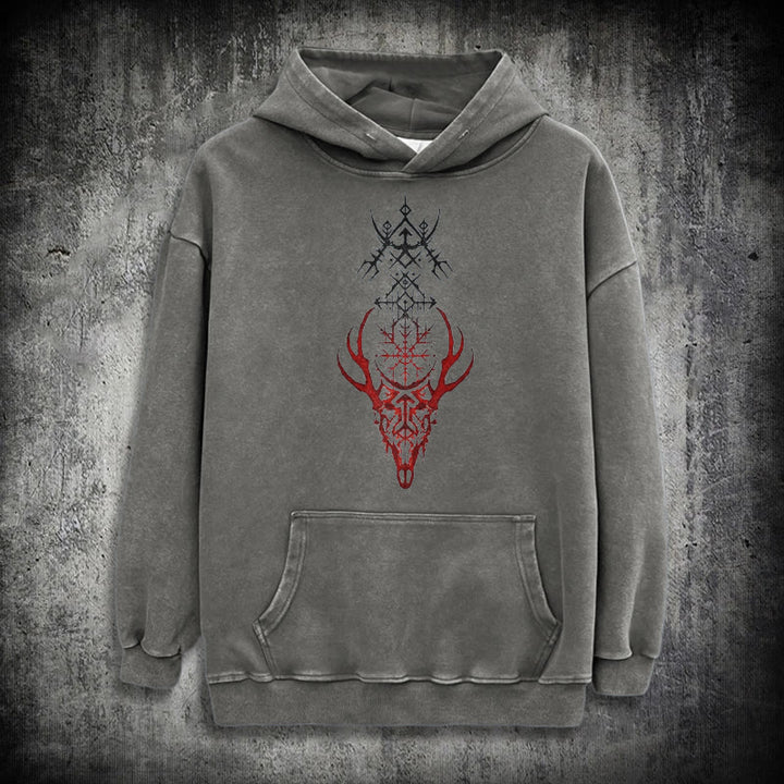 WorldNorse Viking Helm Of Awe Print Verwaschener Kapuzenpullover - Grau - 3XL - image 12