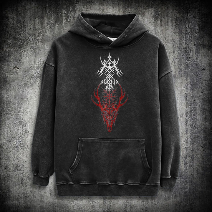 WorldNorse Viking Helm Of Awe Print Verwaschener Kapuzenpullover - Schwarz - 3XL - image 1