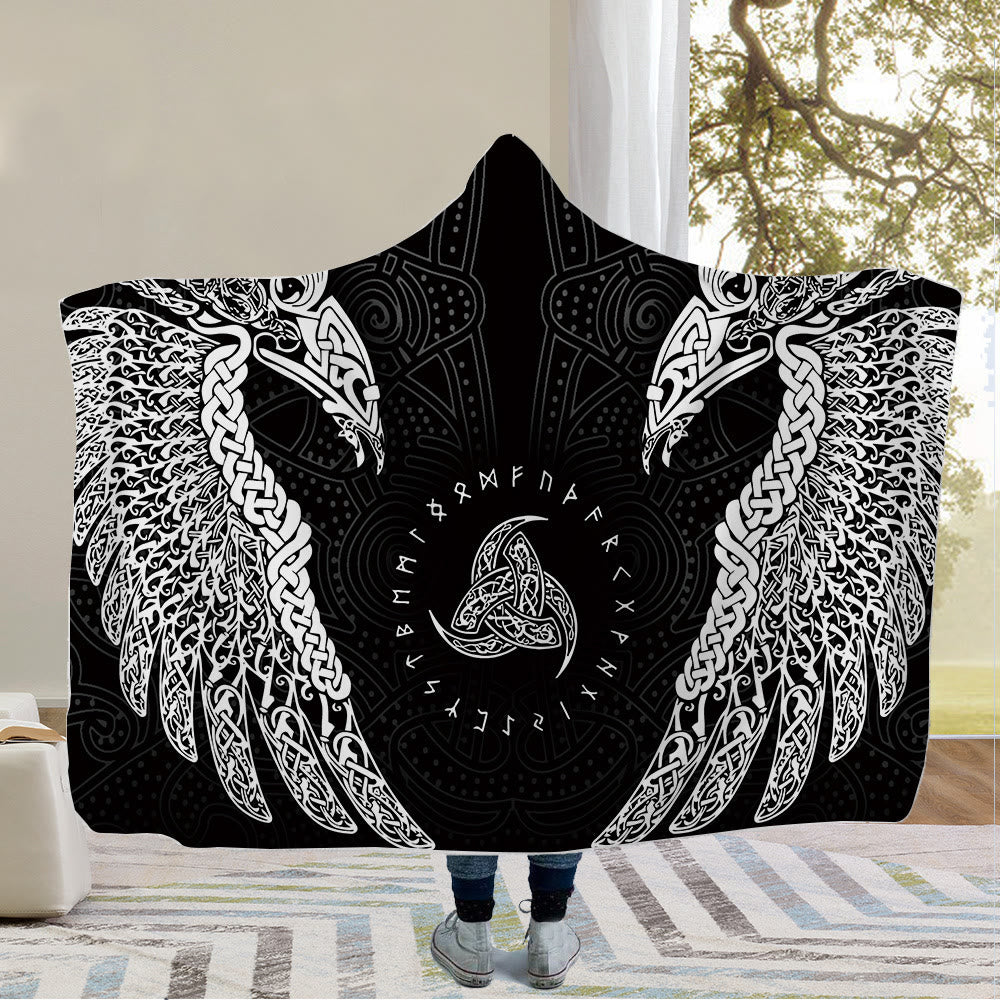 WorldNorse Raven Valknut Kapuzendecke - Raven und Dreifaches Horn von Odin - 150x200cm - image 0