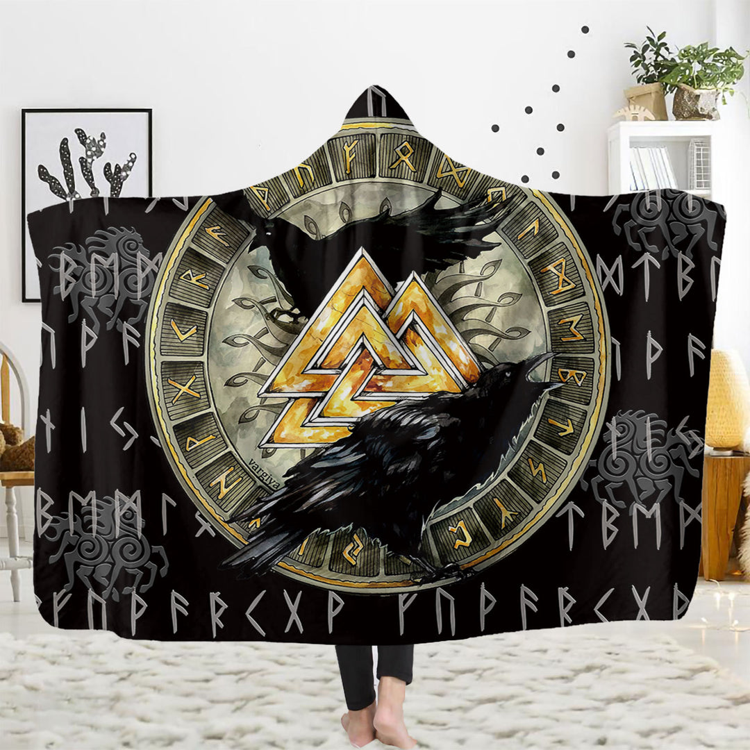 WorldNorse Raven Rune Kapuzendecke - Raven und Valknut - 150x200cm - image 4