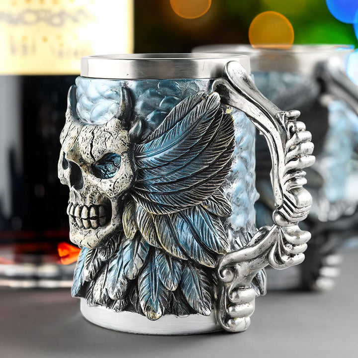 WorldNorse Feder Totenkopf Bier Kaffeebecher