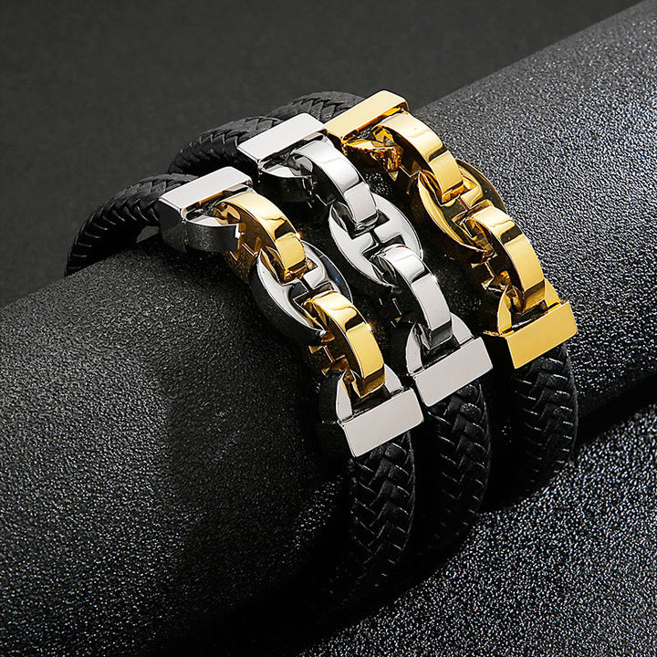 WorldNorse Stahlmanschette, geflochtenes Lederarmband