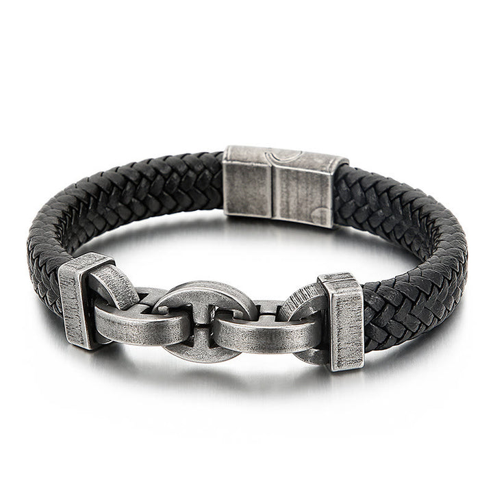 WorldNorse Stahlmanschette, geflochtenes Lederarmband