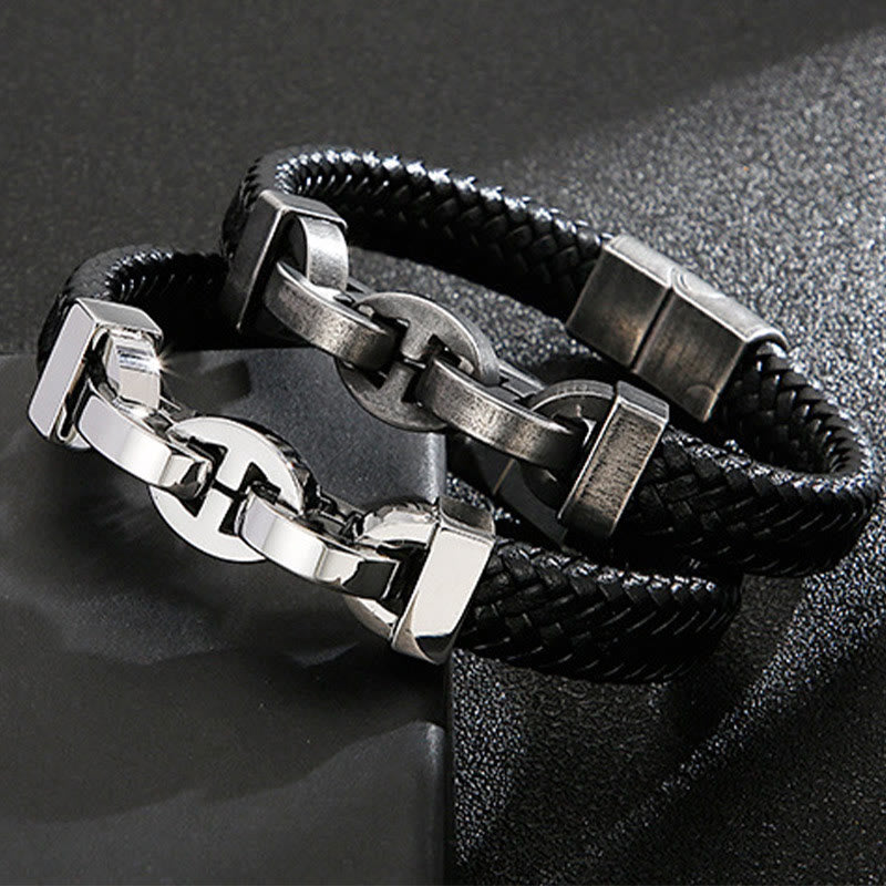 WorldNorse Stahlmanschette, geflochtenes Lederarmband