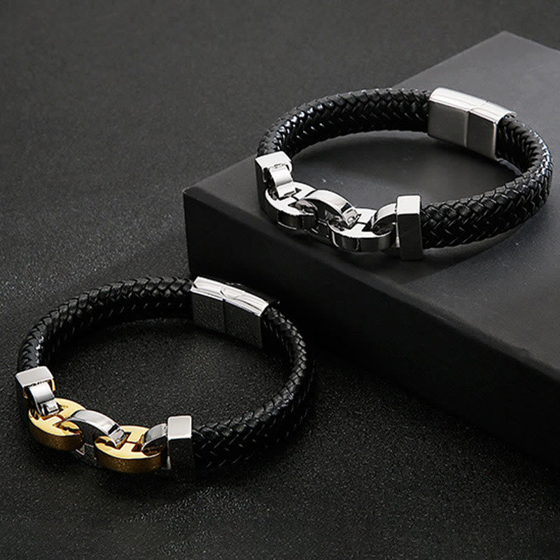 WorldNorse Stahlmanschette, geflochtenes Lederarmband