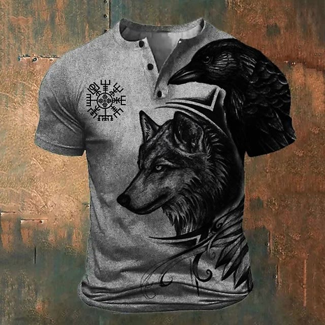 WorldNorse Wolf Wikinger Vegvisir Henley T-Shirt