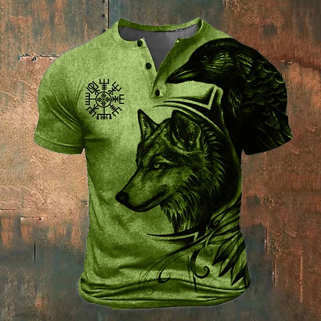 WorldNorse Wolf Wikinger Vegvisir Henley T-Shirt - Grün - US/UK/AU52，EU62 (6XL) - image 3