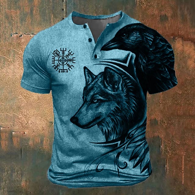 WorldNorse Wolf Wikinger Vegvisir Henley T-Shirt - Blau - US/UK/AU52，EU62 (6XL) - image 2