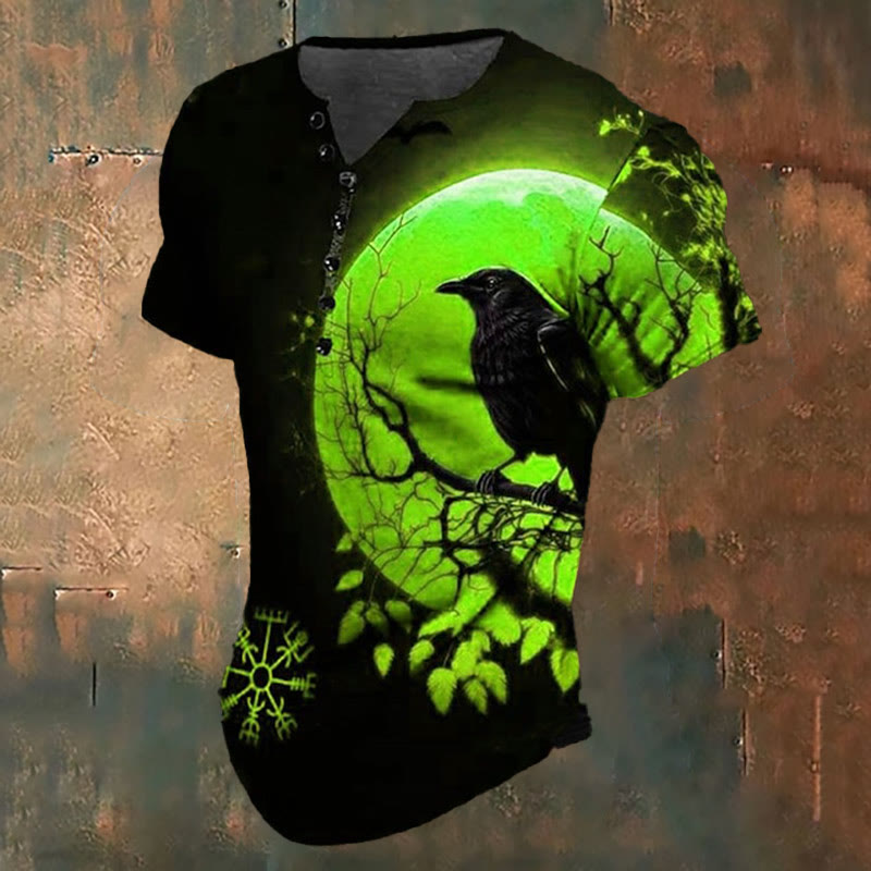Henley-T-Shirt mit nordischem Raven Print - Grün - US/UK/AU48，EU58 (4XL) - image 3