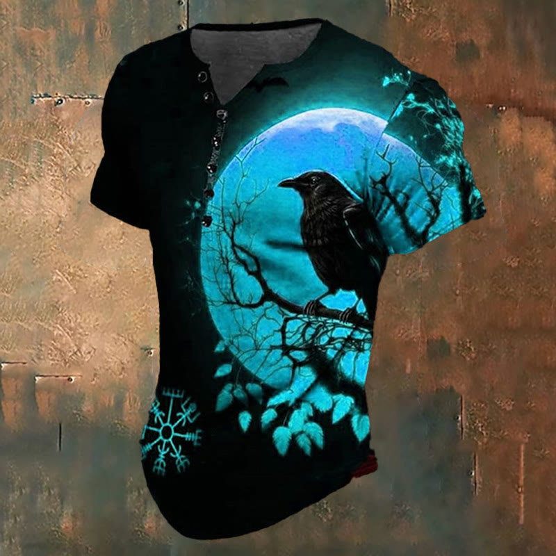 Henley-T-Shirt mit nordischem Raven Print - Blau - US/UK/AU48，EU58 (4XL) - image 2