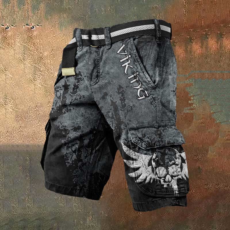 WorldNorse Cargo-Shorts mit verschmiertem Wikingerflügel-Totenkopf-Motiv - US/UK/AU50，EU60 (5XL) - image 0