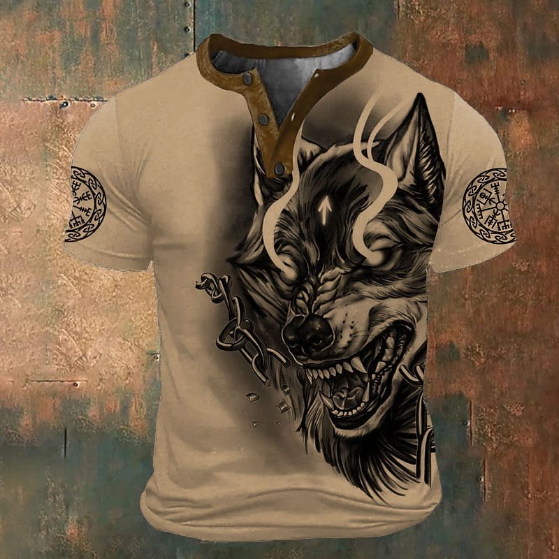 WorldNorse Fenrir Wikinger Wolf Henley T-Shirt - Khaki - US/UK/AU52，EU62 (6XL) - image 2