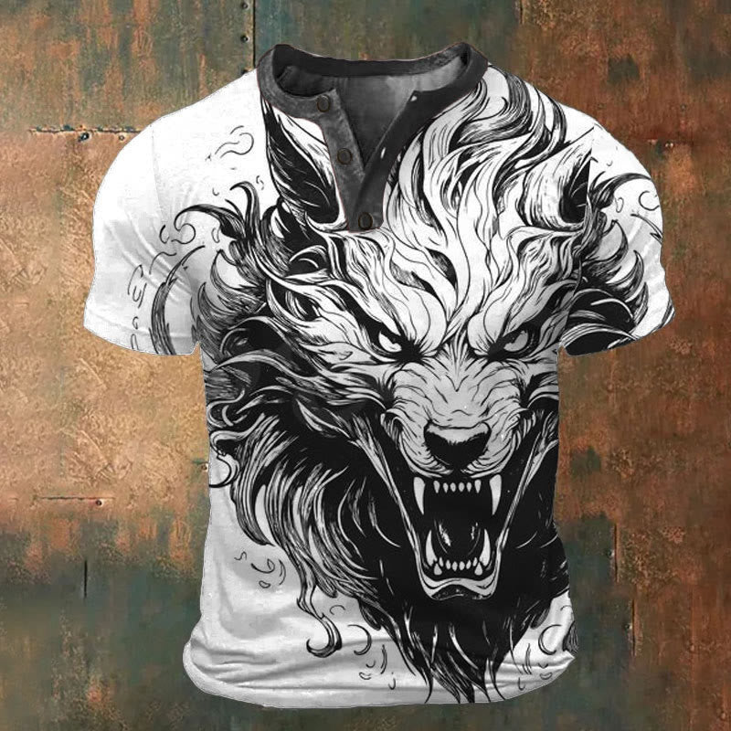 WorldNorse Savage Wolf Art Henley T-Shirt - Weiß - US/UK/AU52，EU62 (6XL) - image 1