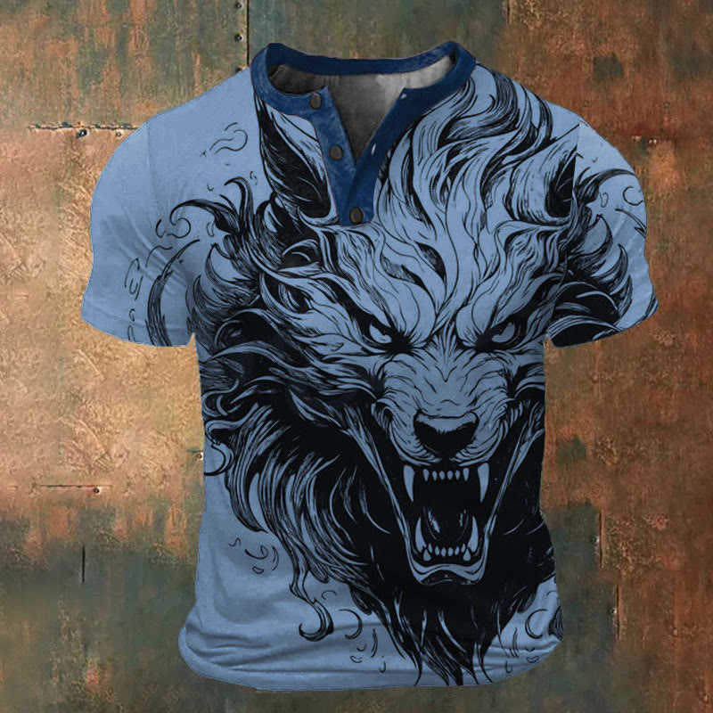 WorldNorse Savage Wolf Art Henley T-Shirt - Blau - US/UK/AU52，EU62 (6XL) - image 3