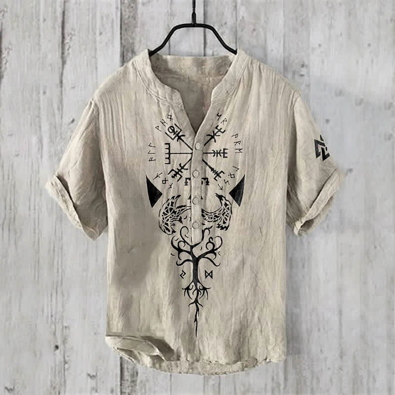 WorldNorse Viking Yggdrasil Vegvisir Valknut Raven Freizeithemd - Beige - US/UK/AU50，EU60 (5XL) - image 1