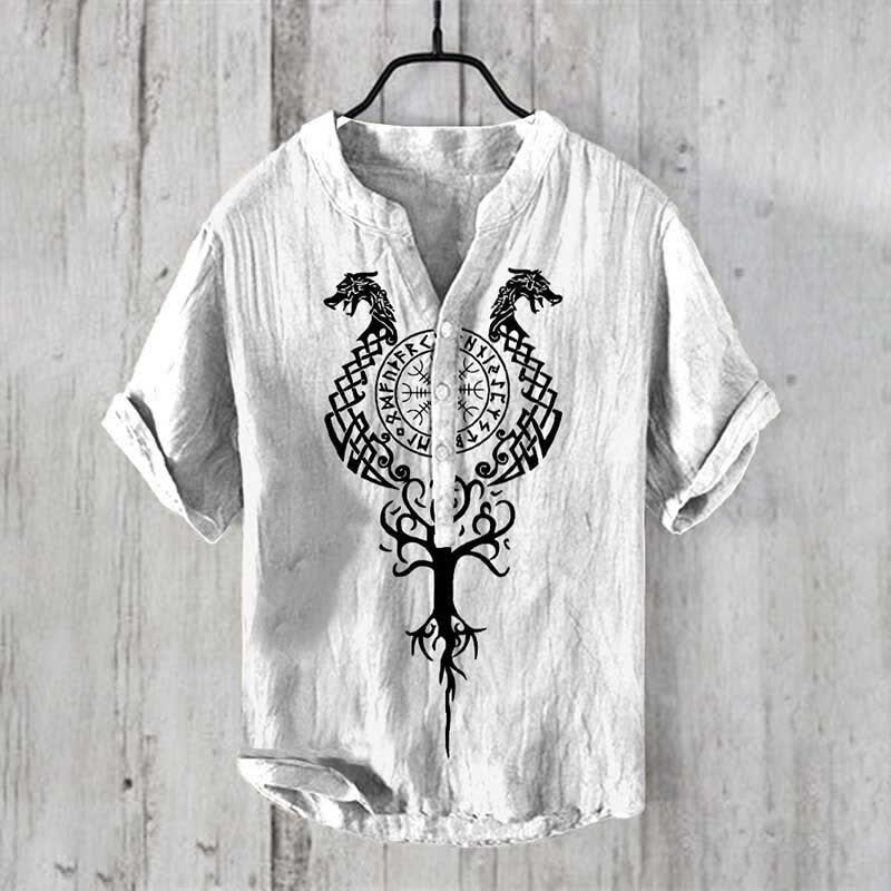 WorldNorse Viking Yggdrasil Vegvisir Nordischer Drache Freizeithemd - Weiß - US/UK/AU50，EU60 (5XL) - image 0