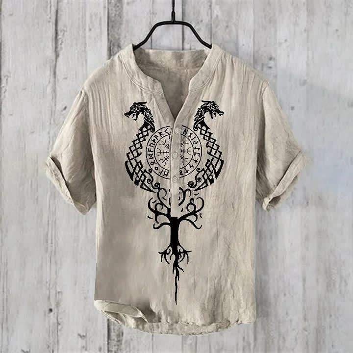 WorldNorse Viking Yggdrasil Vegvisir Nordischer Drache Freizeithemd - Beige - US/UK/AU50，EU60 (5XL) - image 1
