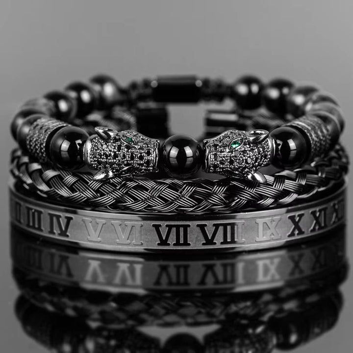 WorldNorse Perlenarmband mit doppeltem Leopardenkopf und römischen Ziffern