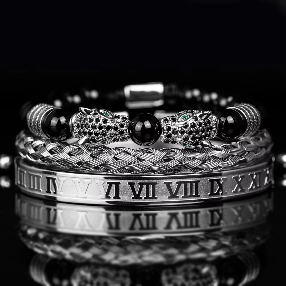 WorldNorse Perlenarmband mit doppeltem Leopardenkopf und römischen Ziffern