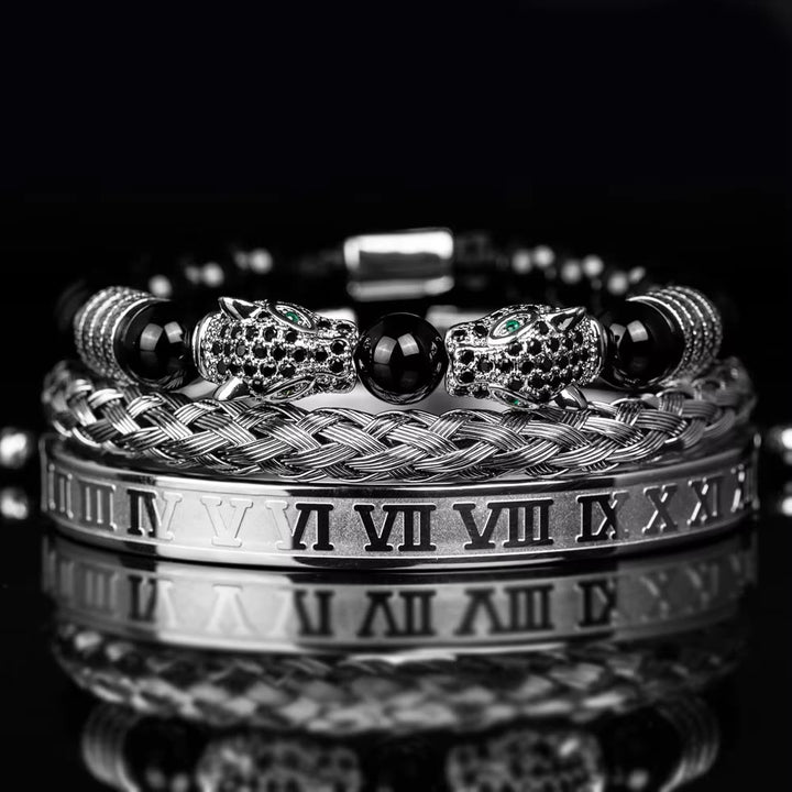 WorldNorse Perlenarmband mit doppeltem Leopardenkopf und römischen Ziffern