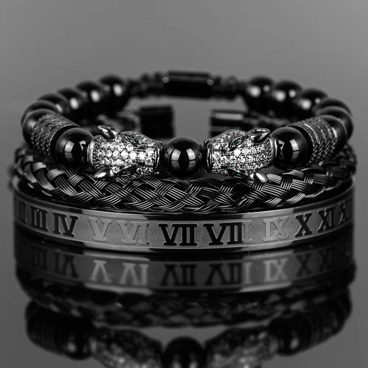 WorldNorse Perlenarmband mit doppeltem Leopardenkopf und römischen Ziffern