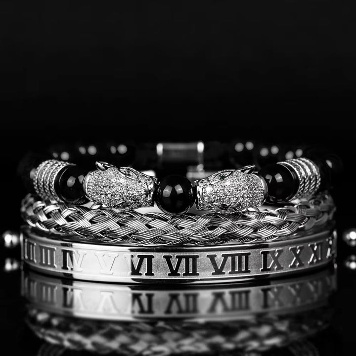 WorldNorse Perlenarmband mit doppeltem Leopardenkopf und römischen Ziffern