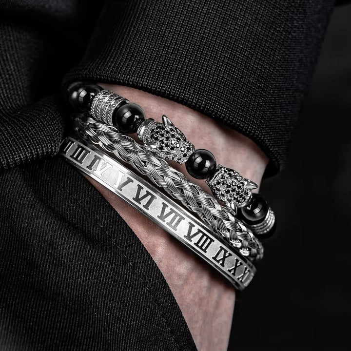 WorldNorse Perlenarmband mit doppeltem Leopardenkopf und römischen Ziffern
