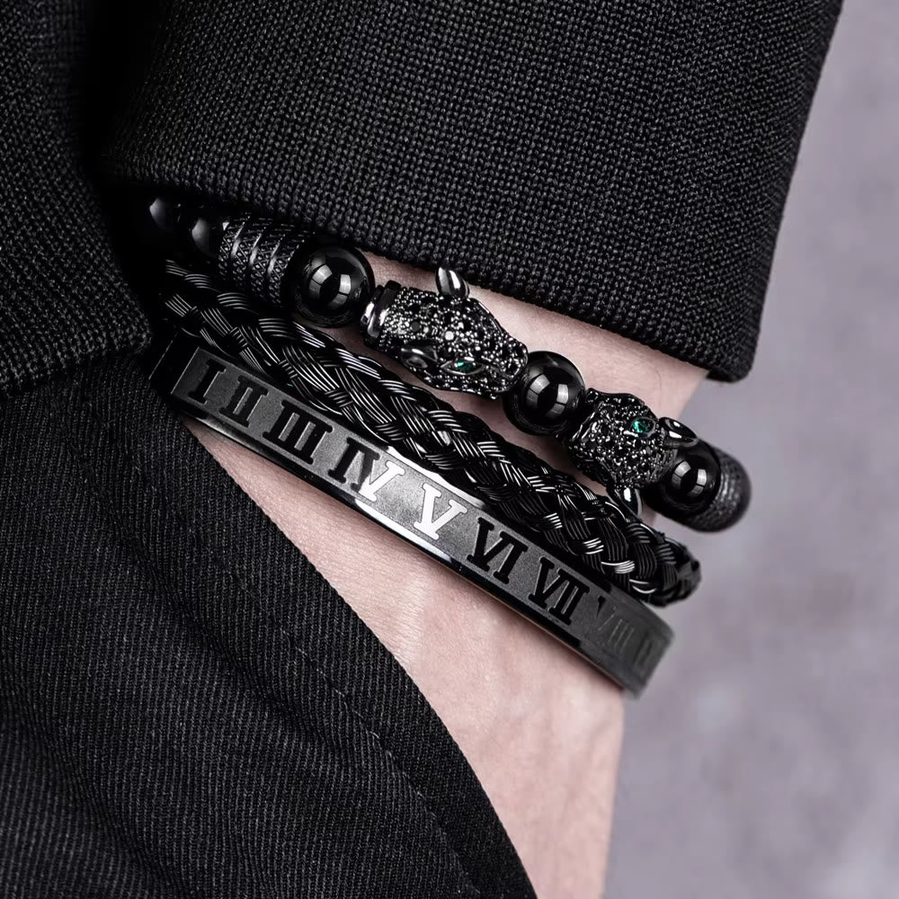WorldNorse Perlenarmband mit doppeltem Leopardenkopf und römischen Ziffern