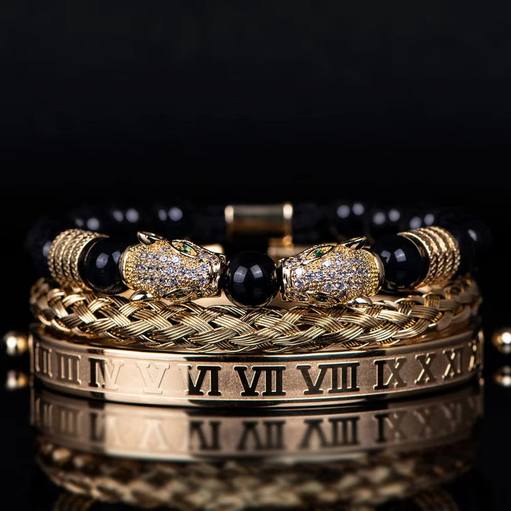 WorldNorse Perlenarmband mit doppeltem Leopardenkopf und römischen Ziffern
