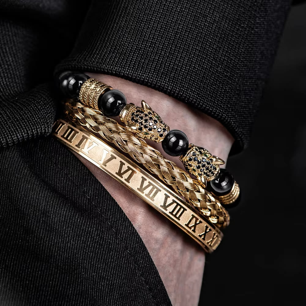 WorldNorse Perlenarmband mit doppeltem Leopardenkopf und römischen Ziffern