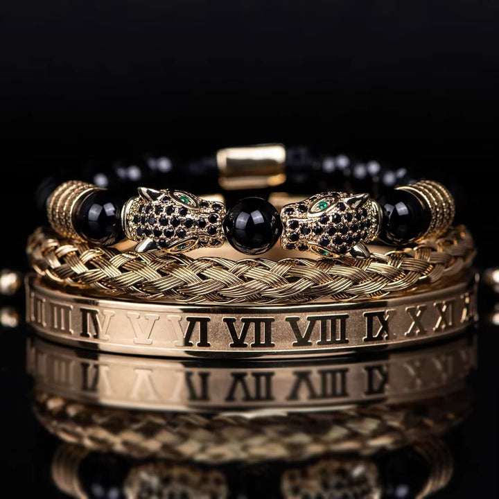 WorldNorse Perlenarmband mit doppeltem Leopardenkopf und römischen Ziffern