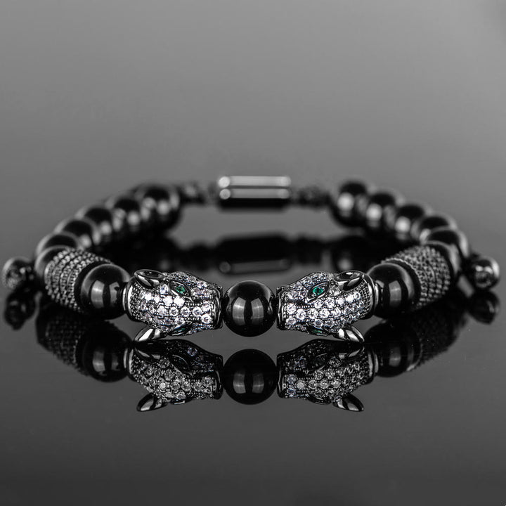 WorldNorse Perlenarmband mit doppeltem Leopardenkopf und römischen Ziffern