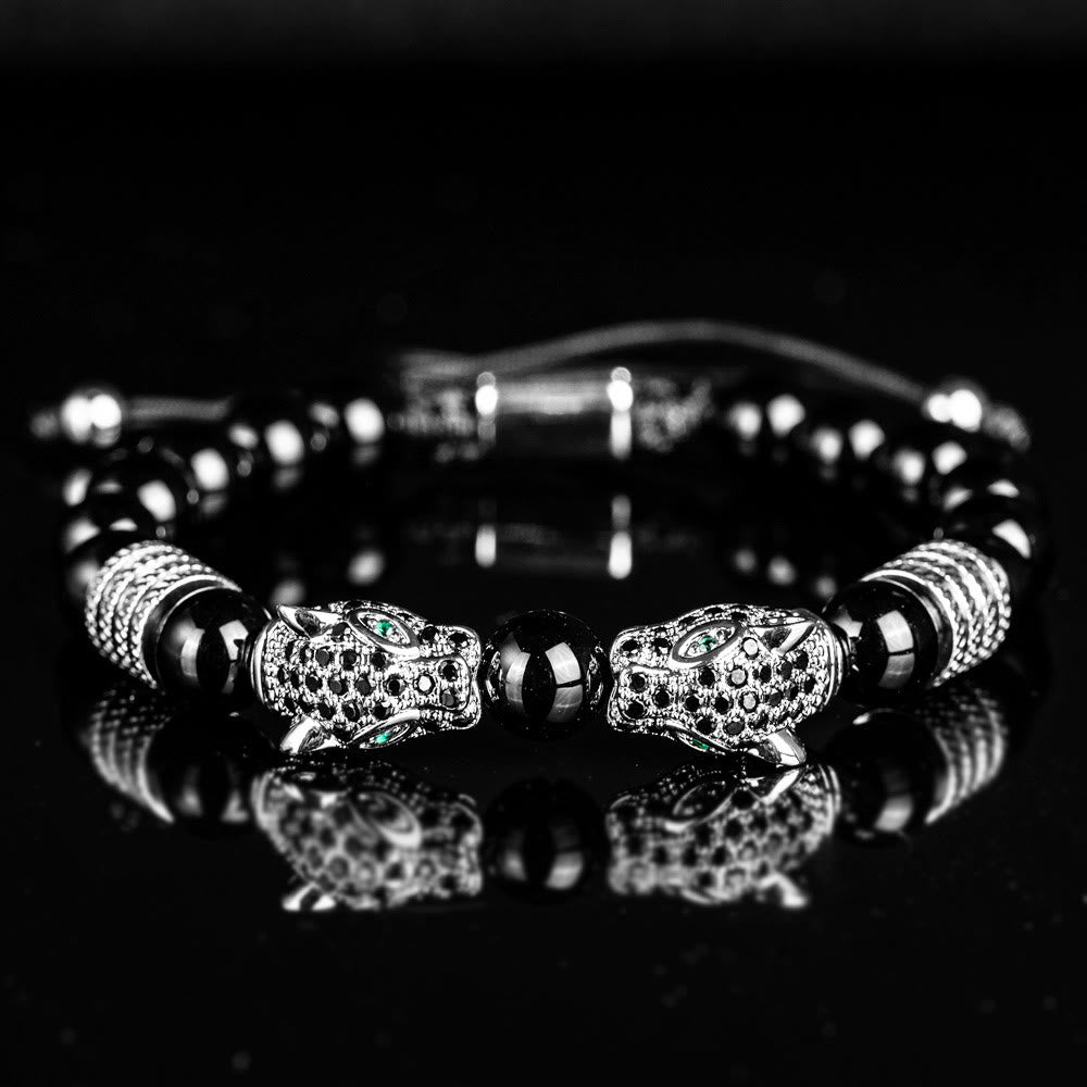 WorldNorse Perlenarmband mit doppeltem Leopardenkopf und römischen Ziffern
