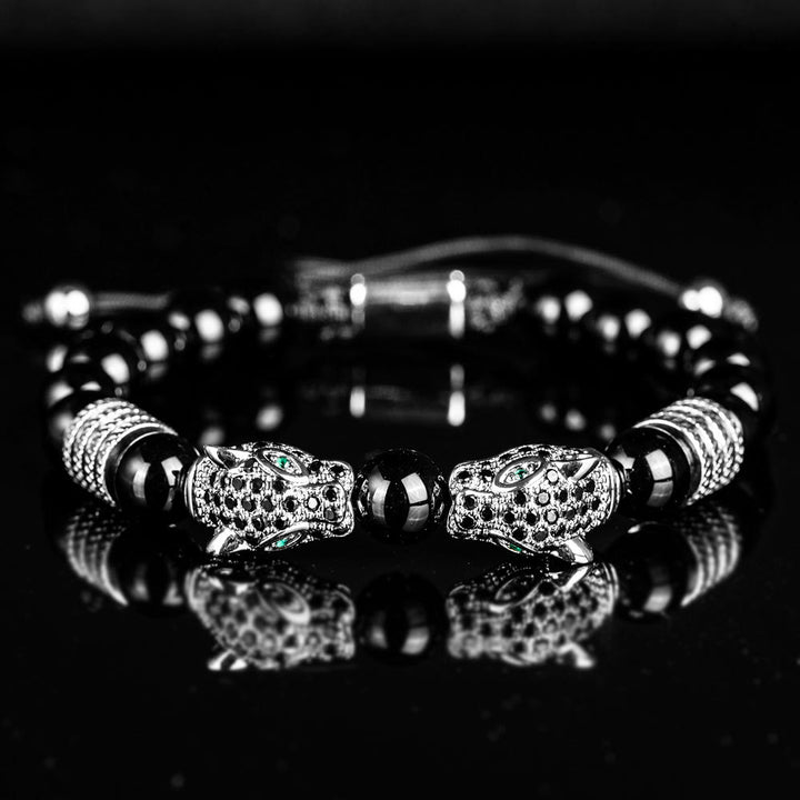 WorldNorse Perlenarmband mit doppeltem Leopardenkopf und römischen Ziffern