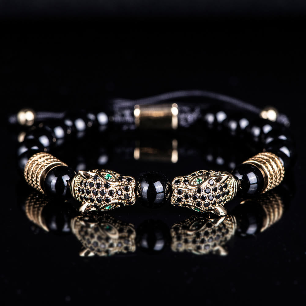 WorldNorse Perlenarmband mit doppeltem Leopardenkopf und römischen Ziffern
