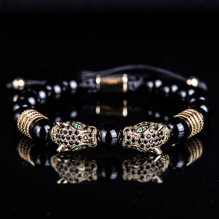 WorldNorse Perlenarmband mit doppeltem Leopardenkopf und römischen Ziffern