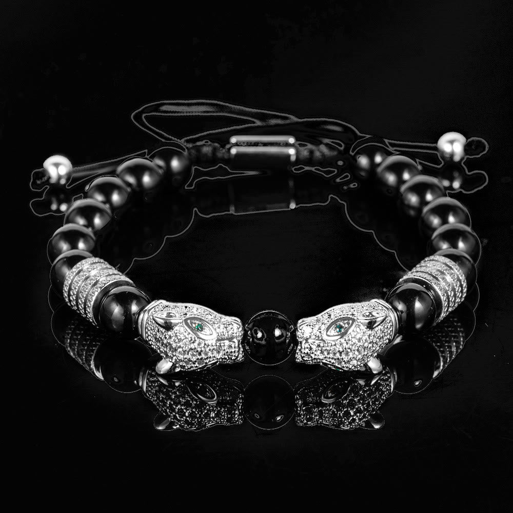 WorldNorse Perlenarmband mit doppeltem Leopardenkopf und römischen Ziffern