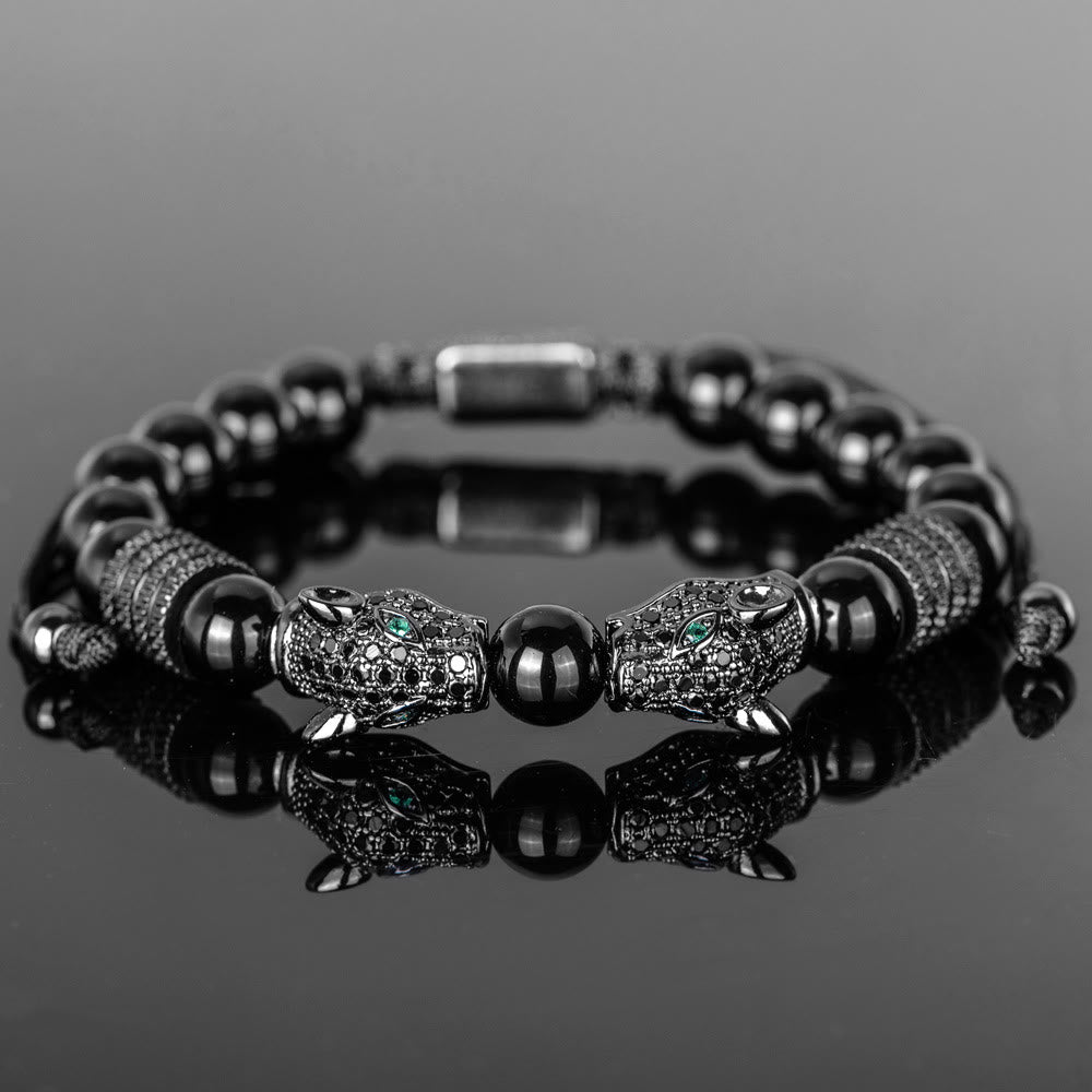 WorldNorse Perlenarmband mit doppeltem Leopardenkopf und römischen Ziffern