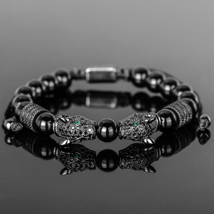 WorldNorse Perlenarmband mit doppeltem Leopardenkopf und römischen Ziffern
