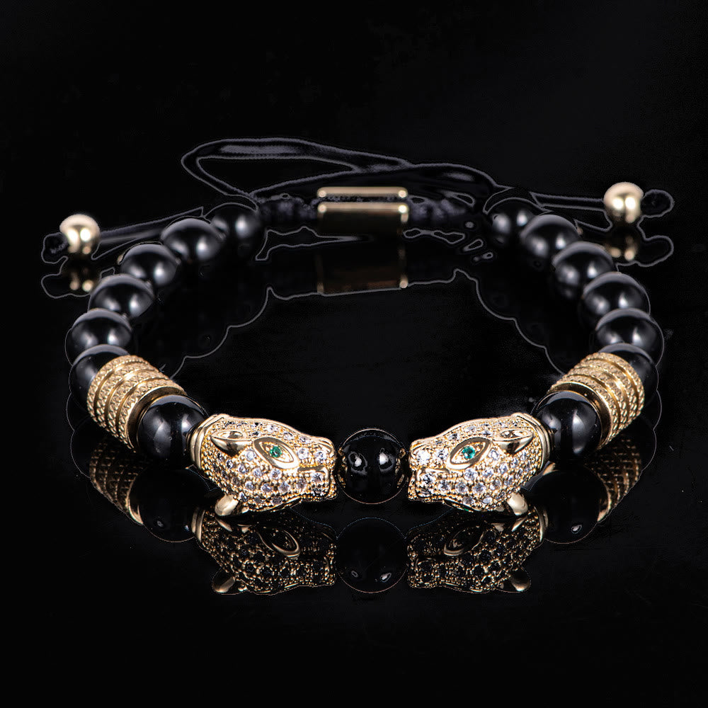 WorldNorse Perlenarmband mit doppeltem Leopardenkopf und römischen Ziffern