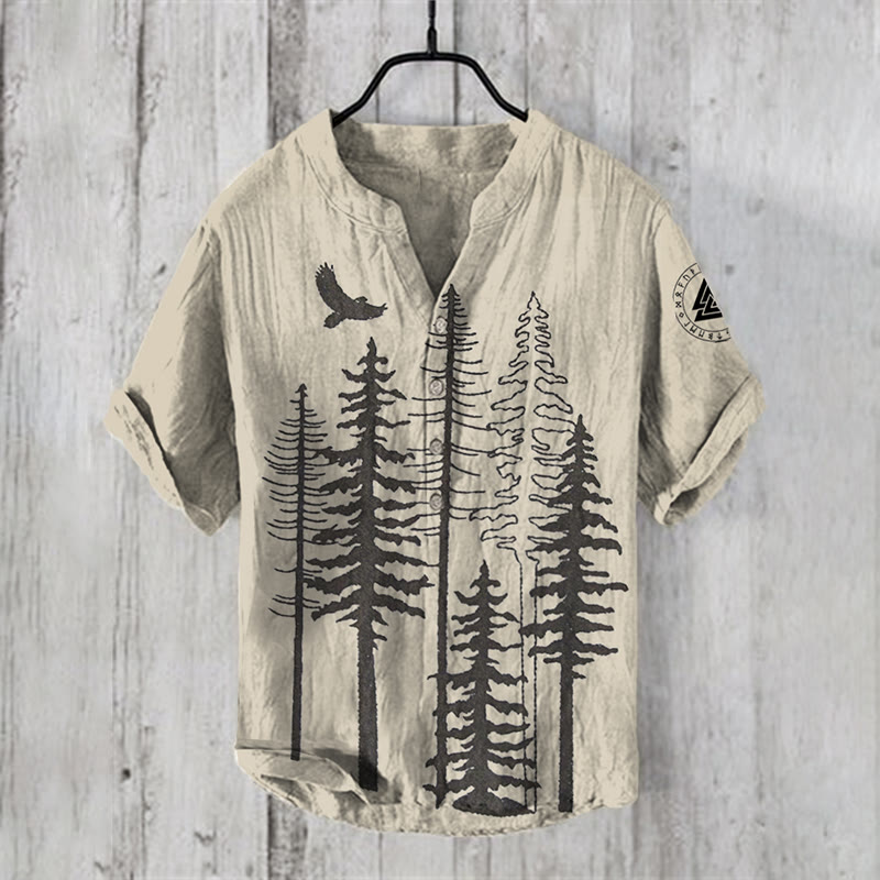 WorldNorse Raven Valknut Natur Kiefer Bäume Freizeithemd - US/UK/AU50，EU60 (5XL) - image 0